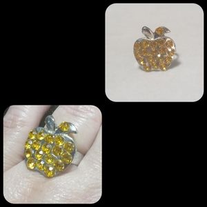 Adjustable Silver Plated Yellow Rhinestone Apple Ring